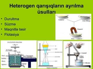 Heterogen qarışıqların ayrılma
üsulları
• Durultma
• Süzmə
• Maqnitlə təsir
• Flotasiya
 