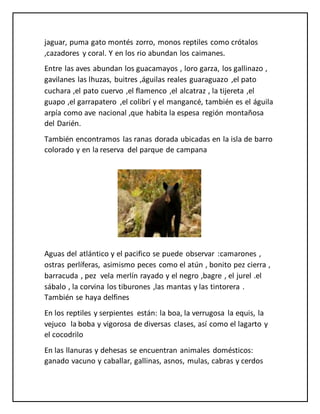 jaguar, puma gato montés zorro, monos reptiles como crótalos
,cazadores y coral. Y en los rio abundan los caimanes.
Entre las aves abundan los guacamayos , loro garza, los gallinazo ,
gavilanes las lhuzas, buitres ,águilas reales guaraguazo ,el pato
cuchara ,el pato cuervo ,el flamenco ,el alcatraz , la tijereta ,el
guapo ,el garrapatero ,el colibrí y el mangancé, también es el águila
arpía como ave nacional ,que habita la espesa región montañosa
del Darién.
También encontramos las ranas dorada ubicadas en la isla de barro
colorado y en la reserva del parque de campana
Aguas del atlántico y el pacifico se puede observar :camarones ,
ostras perlíferas, asimismo peces como el atún , bonito pez cierra ,
barracuda , pez vela merlín rayado y el negro ,bagre , el jurel .el
sábalo , la corvina los tiburones ,las mantas y las tintorera .
También se haya delfines
En los reptiles y serpientes están: la boa, la verrugosa la equis, la
vejuco la boba y vigorosa de diversas clases, así como el lagarto y
el cocodrilo
En las llanuras y dehesas se encuentran animales domésticos:
ganado vacuno y caballar, gallinas, asnos, mulas, cabras y cerdos
 