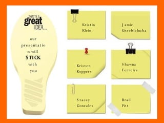 Kristin Klein Jamie Grzebielucha Kristen Koppers Shawna Ferreira Stacey Gonzales Brad Pitt our presentation will STICK with you