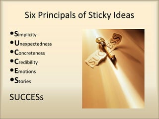 Six Principals of Sticky Ideas S implicity U nexpectedness C oncreteness C redibility E motions S tories SUCCESs