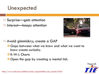 Unexpected Surprise—gets attention Interest—keeps attention Avoid gimmickry; create a GAP Gaps between what we know and what we want to know create curiosity. K-W-L Charts Open the gap by creating a mental itch. http://www.aef.com/exhibits/social_responsibility/ad_council/2434   Page 65 