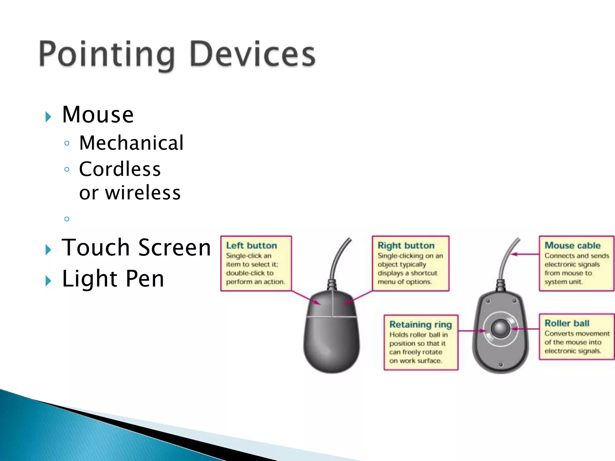  Mouse
◦ Mechanical
◦ Cordless
or wireless
◦
 Touch Screen
 Light Pen
 