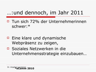 …:und dennoch, im Jahr 2011 Tun sich 72% der Unternehmerinnen schwer:* Eine klare und dynamische Webpräsenz zu zeigen, Soziales Netzwerken in die Unternehmensstrategie einzubauen… *eComm 2010 