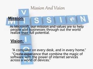 Mission And Vision
Mission:
At Microsoft, our mission and values are to help
people and businesses through out the world
realize their full potential.
Vision:
“A computer on every desk, and in every home.”
“Create experience that combine the magic of
software with the power of internet services
across a world of devices.”
 