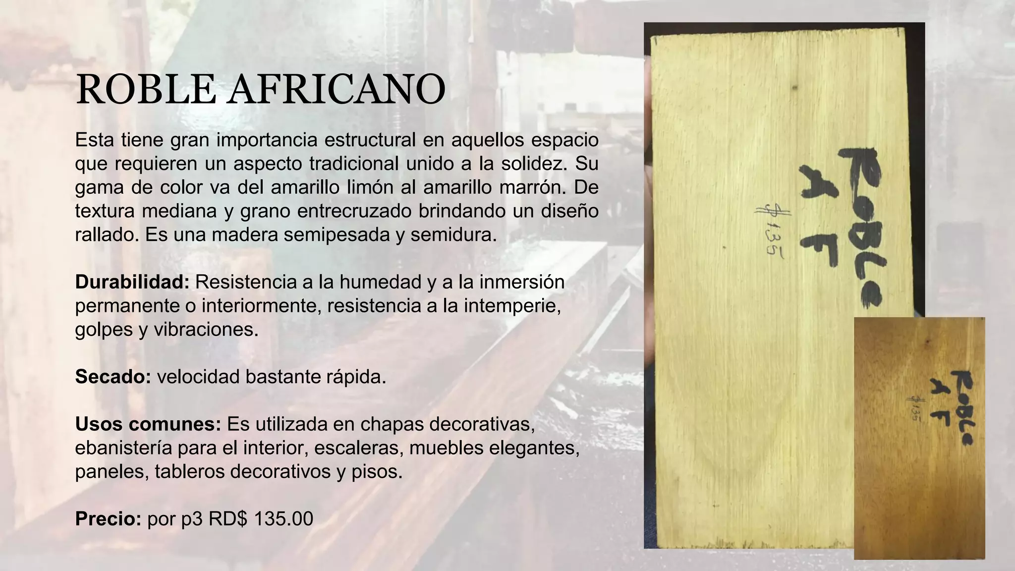 Esta tiene gran importancia estructural en aquellos espacio
que requieren un aspecto tradicional unido a la solidez. Su
gama de color va del amarillo limón al amarillo marrón. De
textura mediana y grano entrecruzado brindando un diseño
rallado. Es una madera semipesada y semidura.
Durabilidad: Resistencia a la humedad y a la inmersión
permanente o interiormente, resistencia a la intemperie,
golpes y vibraciones.
Secado: velocidad bastante rápida.
Usos comunes: Es utilizada en chapas decorativas,
ebanistería para el interior, escaleras, muebles elegantes,
paneles, tableros decorativos y pisos.
Precio: por p3 RD$ 135.00
ROBLE AFRICANO
 