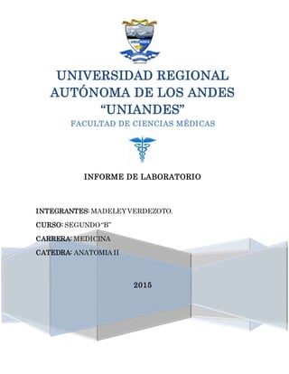 UNIVERSIDAD REGIONAL
AUTÓNOMA DE LOS ANDES
“UNIANDES”
FACULTAD DE CIENCIAS MÉDICAS
INFORME DE LABORATORIO
INTEGRANTES: MADELEYVERDEZOTO.
CURSO: SEGUNDO“B”
CARRERA: MEDICINA
CATEDRA: ANATOMIA II
2015
 