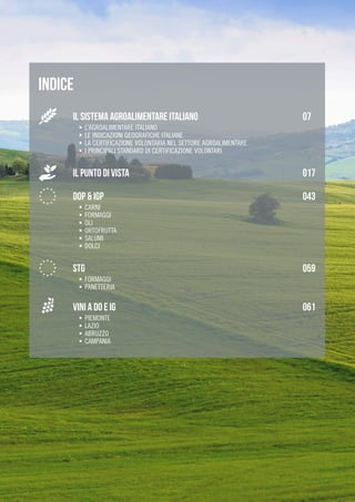 IL SISTEMA AGROALIMENTARE ITALIANO 07
ƒƒ L’AGROALIMENTARE ITALIANO
ƒƒ LE INDICAZIONI GEOGRAFICHE ITALIANE
ƒƒ LA CERTIFICAZIONE VOLONTARIA NEL SETTORE AGROALIMENTARE
ƒƒ I PRINCIPALI STANDARD DI CERTIFICAZIONE VOLONTARI
IL PUNTO DI VISTA 017
DOP & IGP 043
ƒƒ CARNI
ƒƒ FORMAGGI
ƒƒ OLI
ƒƒ ORTOFRUTTA
ƒƒ SALUMI
ƒƒ DOLCI
STG 059
ƒƒ FORMAGGI
ƒƒ PANETTERIA
VINI a do e ig 061
ƒƒ PIEMONTE
ƒƒ LAZIO
ƒƒ ABRUZZO
ƒƒ CAMPANIA
INDICE
 