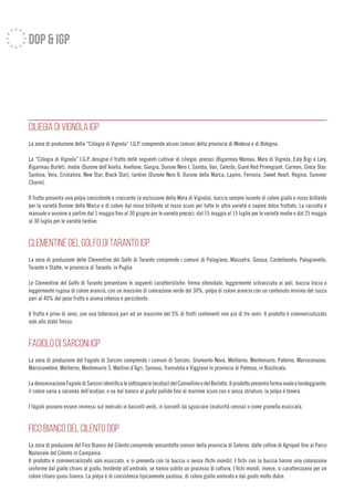 dop & igp
CILIEGIA DI VIGNOLA IGP
La zona di produzione della “Ciliegia di Vignola” I.G.P. comprende alcuni comuni della provincia di Modena e di Bologna.
La “Ciliegia di Vignola” I.G.P. designa il frutto delle seguenti cultivar di ciliegio: precoci (Bigarreau Moreau, Mora di Vignola, Ealy Bigi e Lory,
Bigarreau Burlet); medie (Durone dell’Anella, Anellone, Giorgia, Durone Nero I, Samba, Van, Celeste, Giant Red Primegiant, Carmen, Grece Star,
Santina, Vera, Cristalina, New Star, Black Star); tardive (Durone Nero II, Durone della Marca, Lapins, Ferrovia, Sweet Heart, Regina, Summer
Charm).
Il frutto presenta una polpa consistente e croccante (a esclusione della Mora di Vignola), buccia sempre lucente di colore giallo e rosso brillante
per la varietà Durone della Marca e di colore dal rosso brillante al rosso scuro per tutte le altre varietà e sapore dolce fruttato. La raccolta è
manuale e avviene a partire dal 1 maggio fino al 30 giugno per le varietà precoci, dal 15 maggio al 15 luglio per le varietà medie e dal 25 maggio
al 30 luglio per le varietà tardive.
CLEMENTINE DEL GOLFO DI TARANTO IGP
La zona di produzione delle Clementine del Golfo di Taranto comprende i comuni di Palagiano, Massafra, Ginosa, Castellaneta, Palagianello,
Taranto e Statte, in provincia di Taranto, in Puglia.
Le Clementine del Golfo di Taranto presentano le seguenti caratteristiche: forma sferoidale, leggermente schiacciata ai poli, buccia liscia o
leggermente rugosa di colore arancio, con un massimo di colorazione verde del 30%, polpa di colore arancio con un contenuto minimo del succo
pari al 40% del peso frutto e aroma intenso e persistente.
Il frutto è privo di semi, con una tolleranza pari ad un massimo del 5% di frutti contenenti non più di tre semi. Il prodotto è commercializzato
solo allo stato fresco.
FAGIOLO DI SARCONI IGP
La zona di produzione del Fagiolo di Sarconi comprende i comuni di Sarconi, Grumento Nova, Moliterno, Montemurro, Paterno, Marsiconuovo,
Marsicovetere, Moliterno, Montemurro S. Martino d’Agri, Spinoso, Tramutola e Viggiano in provincia di Potenza, in Basilicata.
LadenominazioneFagiolodiSarconiidentificalesottospecie(ecotipi)delCannellinoedelBorlotto.Ilprodottopresentaformaovaleotondeggiante;
il colore varia a seconda dell’ecotipo, e va dal bianco al giallo pallido fino al marrone scuro con o senza striature; la polpa è tenera.
I fagioli possono essere immessi sul mercato in baccelli verdi, in baccelli da sgusciare (maturità cerosa) o come granella essiccata.
FICO BIANCO DEL CILENTO DOP
La zona di produzione del Fico Bianco del Cilento comprende sessantotto comuni della provincia di Salerno, dalle colline di Agropoli fino al Parco
Nazionale del Cilento in Campania.
Il prodotto è commercializzato solo essiccato, e si presenta con la buccia o senza (fichi mondi). I fichi con la buccia hanno una colorazione
uniforme dal giallo chiaro al giallo, tendente all’ambrato, se hanno subito un processo di cottura. I fichi mondi, invece, si caratterizzano per un
colore chiaro quasi bianco. La polpa è di consistenza tipicamente pastosa, di colore giallo ambrato e dal gusto molto dolce.
 
