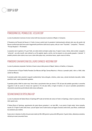 dop & igp
POMODORINO DEL PIENNOLO DEL VESUVIO DOP
La zona di produzione è esclusiva di alcuni comuni dell’area vesuviana in provincia di Napoli, in Campania.
Il Pomodorino del Piennolo del Vesuvio è il frutto di alcune varietà locali di pomodorini tradizionalmente coltivate nella zona alle pendici del
Vesuvio caratterizzate dalla forma ovale o leggermente puntiforme e dalla buccia spessa, note con i nomi “Fiaschella”, “Lampadina”, “Patanara”,
“Principe Borghese” e “Re Umberto”.
La pezzatura non è superiore a 25 g per frutto, con colore esterno vermiglio e polpa rossa. Il sapore è vivace, intenso, dolce acidulo. I grappoli o
“schiocche”, una volta raccolti, sono sistemati su un filo vegetale, legato a cerchio, così da comporre un unico grande grappolo o “piennolo”. ll
prodotto presenta colore esterno rosso scuro e colore della polpa rosso, consistenza buona, sapore vivace ed intenso.
POMODORO SAN MARZANO DELL’AGRO SARNESE-NOCERINO DOP
La zona di produzione comprende il territorio di diversi comuni delle province di Napoli, Salerno e di Avellino, in Campania.
La Denominazione di Origine Protetta Pomodoro San Marzano dell’Agro Sarnese-Nocerino si riferisce ai pomodori pelati, interi o a filetti, della
varietà San Marzano.
Il pomodoro pelato intero presenta le seguenti caratteristiche: forma allungata, cilindrica, colore rosso, cuticola facilmente staccabile, ridotta
quantità di semi, sapore tipicamente agrodolce.
Il pomodoro pelato a filetti ha colore rosso, forma intera o parzialmente intera per almeno il 70% del peso del prodotto sgocciolato; è consentita
l’aggiunta di sale da cucina (in misura non superiore al 3% del peso netto), di foglie di basilico e di succo di pomodoro parzialmente o
interamente concentrato purché ottenuto dalla stessa sottospecie.
SEDANO BIANCO DI SPERLONGA IGP
La zona di produzione del Sedano Bianco di Sperlonga IGP ricade nel territorio dei comuni di Fondi e di Sperlonga, situati in provincia di Latina,
nella regione Lazio.
Il Sedano Bianco di Sperlonga, appartenente alla specie Apium graveolens L. var dulce Mill., è una pianta di taglia media, forma compatta,
recante 10-15 foglie di colore verde chiaro; i piccioli fogliari sono di colore bianco con leggera sfumatura verde chiaro, poco fibrosi, caratterizzati
da costolature poco evidenti.
Il peso varia in relazione al calibro che può essere medio da 500 a 800 grammi e grosso oltre 800 grammi. Il gusto è dolce, abbastanza aromatico,
indicato per essere consumato fresco.
 