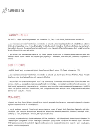 campania do
FIANO DI AVELLINO DOCG
Per i vini DOCG Fiano di Avellino i vitigni ammessi sono Fiano minimo 85%, Greco B., Coda di Volpe, Trebbiano toscano massimo 15%.
La zona di produzione comprende l’intero territorio amministrativo dei comuni di Avellino, Lapio, Atripalda, Cesinali, Aiello del Sabato, S. Stefano
del Sole, Sorbo Serpico, Salza Irpina, Parolise, S. Potito Ultra, Candida, Manocalzati, Pratola Serra, Montefredane, Grottolella, Capriglia Irpina, S.
Angelo a Scala, Summonte, Mercogliano, Forino, Contrada, Monteforte Irpino, Ospedaletto D’Alpinolo, Montefalcione, Santa Lucia di Serino e San
Michele di Serino, tutti in provincia di Avellino.
La resa dell’uva in vino non deve essere superiore al 70%. Tutte le operazioni di vinificazione ed elaborazione devono avvenie nell’ambito della
provincia di Avellino. Il Fiano di Avellino DOCG ha colore giallo paglierino più o meno intenso, odore intenso, fine, caratteristico e sapore fresco e
armonico.
GRECO DI TUFO DOCG
I vini DOCG Greco di Tufo si presentano nelle tipologie Bianco, Spumante (Greco B. minimo 85%; Coda di volpe massimo 15%).
La zona di produzione comprende l’intero territorio amministrativo dei comuni di Tufo, Altavilla Irpina, Chianche, Montefusco, Prata di Principato
Ultra, Petruro Irpino, Santa Paolina e Torrioni, tutti in provincia di Avellino.
La resa dell’uva in vino non deve essere superiore al 70%. Tutte le operazioni di vinificazione ed elaborazione devono avvenire nell’ambito della
provincia di Avellino. La tipologia Spumante deve essere affinata 36 mesi in bottiglia a decorrere dal 1 novembre dell’anno di vendemmia. I vini
DOCG Greco di Tufo hanno colore giallo paglierino più o meno intenso, odore intenso, fine, caratteristico e sapore fresco e armonico. I vini DOCG
Greco di Tufo Spumante hanno spuma fine e persistente, colore giallo paglierino con riflessi verdognoli o dorati, odore gradevole con lieve sentore
di lievito, sapore sapido, fine e armonico.
TAURASI DOCG
Le tipologie sono: Rosso, Riserva (Aglianico minimo 85%, con eventuale aggiunta di altre a bacca rossa, non aromatiche, idonee alla coltivazione
in provincia di Avellino, fino ad un massimo del 15%).
La zona di produzione comprende l’intero territorio amministrativo dei comuni di Taurasi, Bonito, Castelfranci, Castelvetere sul Calore,
Fontanarosa, Lapio, Luogosano, Mirabella Eclano, Montefalcione, Montemarano, Montemileto, Paternopoli, Pietradefusi, Sant’Angelo all’Esca,
San Mango sul Calore, Torre le Nocelle e Venticano, tutti in provincia di Avellino.
Le produzioni massime consentite in vinificazione sono pari al 70% al primo travaso e al 65% dopo il periodo di invecchiamento obbligatorio che
è di tre anni per la tipologia base, di cui uno in botti legno e quattro per la tipologia riserva, di cui diciotto mesi in botti di legno. Il vino Taurasi
DOCG ha colore rosso rubino intenso, tendente al granato con l’invecchiamento, odore caratteristico, etereo, gradevole e sapore asciutto, pieno,
armonico, con retrogusto persistente.
 
