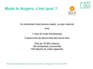 Made In Angers, c’est quoi ?


                  Un événement local devenu leader au plan national
                                                 avec

                                 1 mois de visite d’entreprises
                       3 week-ends de découverte des savoir faire

                                  Plus de 16 000 visiteurs
                                150 entreprises concernées
                               700 départs de visite organisés




 Rencontres Nationales communication et tourisme - Besançon - 20 & 21 mai 2010
 
