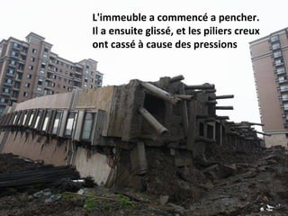 L'immeuble a commencé a pencher.
Il a ensuite glissé, et les piliers creux
ont cassé à cause des pressions
 