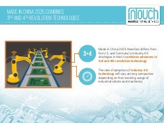 Made in CHINA 2025 Combines
3rd and 4th Revolution Technologies
Made in China 2025 therefore differs from
the U.S. and Germany’s Industry 4.0
strategies in that it combines advances in
3rd and 4th revolution technology
The rate of adoption of Industry 4.0
technology will vary among companies
depending on their existing usage of
industrial robots and machinery
 