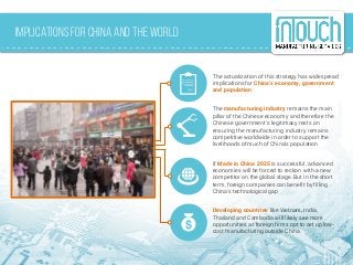 Implications For China and the World
The actualization of this strategy has widespread
implications for China’s economy, government
and population
The manufacturing industry remains the main
pillar of the Chinese economy and therefore the
Chinese government’s legitimacy rests on
ensuring the manufacturing industry remains
competitive worldwide in order to support the
livelihoods of much of China’s population
If Made in China 2025 is successful, advanced
economies will be forced to reckon with a new
competitor on the global stage. But in the short
term, foreign companies can benefit by filling
China’s technological gap
Developing countries like Vietnam, India,
Thailand and Cambodia will likely see more
opportunities as foreign firms opt to set up low-
cost manufacturing outside China
 