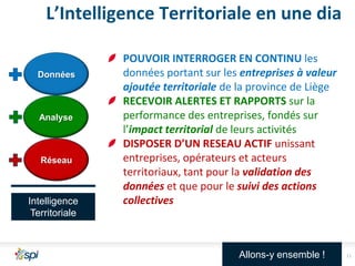 L’Intelligence Territoriale en une dia
Données

Analyse

Réseau

Intelligence
Territoriale

POUVOIR INTERROGER EN CONTINU les
données portant sur les entreprises à valeur
ajoutée territoriale de la province de Liège
RECEVOIR ALERTES ET RAPPORTS sur la
performance des entreprises, fondés sur
l’impact territorial de leurs activités
DISPOSER D’UN RESEAU ACTIF unissant
entreprises, opérateurs et acteurs
territoriaux, tant pour la validation des
données et que pour le suivi des actions
collectives

Allons-y ensemble !

11

 