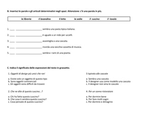 B. Inserisci le parole e gli articoli determinativi negli spazi. Attenzione: c’è una parola in più.
1. ____ _____________________ sembra una pasta tipica italiana.
2. ____ _____________________ è uguale a un nido per uccelli.
3. ____ _____________________ assomiglia a una cascata.
4. ____ _____________________ ricorda una vecchia cassetta di musica.
5. ____ _____________________ sembra i rami di una pianta.
C. Indica il significato delle espressioni del testo in grassetto.
la libreria il lavandino il letto la sedia il cuscino il tavolo
1. Oggetti di design più unici che rari
a. Esiste solo un oggetto di questo tipo
b. Sono oggetti commerciali
c. Gli oggetti sono difficili da trovare
3 Ispirato alle cascate
a. Sembra una cascata
b. Il designer usa come modello una cascata
c. Il designer non ama le cascate
2. Che ne dite di questo cuscino...?
a. Chi ha fatto questo cuscino?
b. Che cosa ti sembra questo cuscino?
c. Cosa pensate di questo cuscino?
4. Per un sonno ristoratore
a. Per dormire bene
b. Per fare molti sogni
c. Per dormire e dimagrire
 