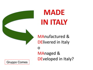 MAnufactured &
               DElivered in Italy
               o
               MAnaged &
               DEveloped in Italy?
Gruppo Comes
 