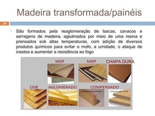 Madeira transformada/painéis
23
CHAPA DURA
 São formados pela reaglomeração de lascas, cavacos e
serragens de madeira, aglutinados por meio de uma resina e
prensados sob altas temperaturas, com adição de diversos
produtos químicos para evitar o mofo, a umidade, o ataque de
insetos e aumentar a resistência ao fogo
 