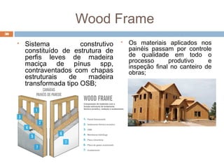 Wood Frame
 Sistema construtivo
constituído de estrutura de
perfis leves de madeira
maciça de pínus spp,
contraventados com chapas
estruturais de madeira
transformada tipo OSB;
 Os materiais aplicados nos
painéis passam por controle
de qualidade em todo o
processo produtivo e
inspeção final no canteiro de
obras;
30
 