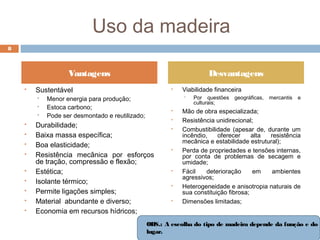 Uso da madeira
 Sustentável
 Menor energia para produção;
 Estoca carbono;
 Pode ser desmontado e reutilizado;
 Durabilidade;
 Baixa massa específica;
 Boa elasticidade;
 Resistência mecânica por esforços
de tração, compressão e flexão;
 Estética;
 Isolante térmico;
 Permite ligações simples;
 Material abundante e diverso;
 Economia em recursos hídricos;
 Viabilidade financeira
 Por questões geográficas, mercantis e
culturais;
 Mão de obra especializada;
 Resistência unidirecional;
 Combustibilidade (apesar de, durante um
incêndio, oferecer alta resistência
mecânica e estabilidade estrutural);
 Perda de propriedades e tensões internas,
por conta de problemas de secagem e
umidade;
 Fácil deterioração em ambientes
agressivos;
 Heterogeneidade e anisotropia naturais de
sua constituição fibrosa;
 Dimensões limitadas;
Vantagens Desvantagens
OBS.: A escolha do tipo de madeira depende da função e do
lugar.
8
 