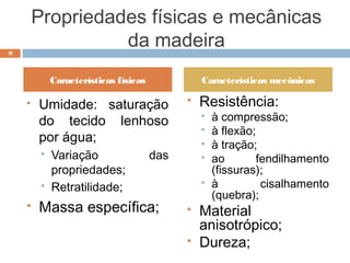 Propriedades físicas e mecânicas
da madeira
 Umidade: saturação
do tecido lenhoso
por água;
 Variação das
propriedades;
 Retratilidade;
 Massa específica;
 Resistência:
 à compressão;
 à flexão;
 à tração;
 ao fendilhamento
(fissuras);
 à cisalhamento
(quebra);
 Material
anisotrópico;
 Dureza;
9
Características físicas Características mecânicas
 