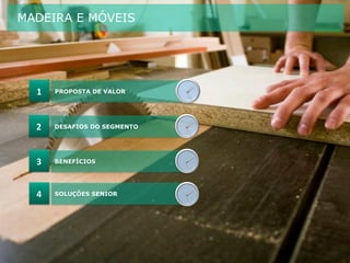 MADEIRA E MÓVEIS
1	
   PROPOSTA DE VALOR III
XII
VI
IX
2	
   DESAFIOS DO SEGMENTO III
XII
VI
IX
3	
   BENEFÍCIOS III
XII
VI
IX
4	
   SOLUÇÕES SENIOR III
XII
VI
IX
 