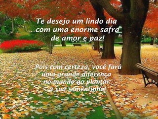 Pois com certeza, você faráPois com certeza, você fará
uma grande diferençauma grande diferença
no mundo ao plantarno mundo ao plantar
a sua sementinha!a sua sementinha!
Te desejo um lindo diaTe desejo um lindo dia
com uma enorme safracom uma enorme safra
de amor e paz!de amor e paz!
 