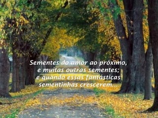 Sementes do amor ao próximo,Sementes do amor ao próximo,
e muitas outras sementes;e muitas outras sementes;
e quando essas fantásticase quando essas fantásticas
sementinhas crescerem...sementinhas crescerem...
 