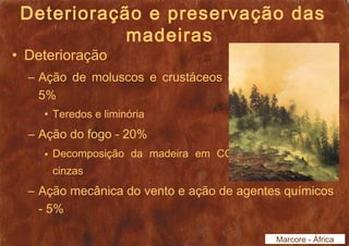 Deterioração e preservação das 
madeiras 
• Deterioração 
– Ação de moluscos e crustáceos de água salgada - 
5% 
• Teredos e liminória 
– Ação do fogo - 20% 
• Decomposição da madeira em CO2, vapor de água e 
cinzas 
– Ação mecânica do vento e ação de agentes químicos 
- 5% 
Marcore - África 
 