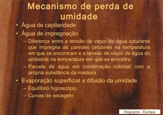 Mecanismo de perda de 
umidade 
• Água de capilaridade 
• Água de impregnação 
– Diferença entre a tensão de vapor de água saturante 
que impregna as paredes celulares na temperatura 
em que se encontram e a tensão de vapor de água do 
ambiente na temperatura em que se encontra 
– Parcela de água em combinação coloidal com a 
própria substância da madeira 
• Evaporação superficial x difusão da umidade 
– Equilíbrio higroscópio 
– Curvas de secagem 
Nogueira - Europa 
 