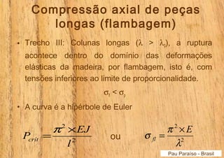 Compressão axial de peças 
longas (flambagem) 
• Trecho III: Colunas longas (l > l0), a ruptura 
acontece dentro do domínio das deformações 
elásticas da madeira, por flambagem, isto é, com 
tensões inferiores ao limite de proporcionalidade. 
sfl < sp 
• A curva é a hipérbole de Euler 
2 
2 
l 
P =p ´ 
EJ crít 
2 
l 
s p E 
= ´ ou 
2 
fl 
Pau Paraíso - Brasil 
 