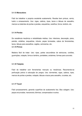 11 
3.1.13 Maracatiara 
Fácil de trabalhar e propicia excelente acabamento. Recebe bem pintura, verniz, lustro e emassamento. Uso: vigas, caibros, ripas, tacos e tábuas de assoalho, marcos ou batentes de portas e janelas, esquadrias, caixilhos, forros, lambris, etc. 
3.1.14 Peroba 
De resistência mecânica e retrabilidade médias. Uso: interiores, decoração, pisos, painéis, entalhes, esquadrias, móveis, peças torneadas, cabos de ferramentas, tacos, tábuas para assoalhos, vagões, carrocerias, etc. 
3.1.15 Pinnus 
Madeira fácil de tratar. Uso: ripas, partes secundárias de estruturas, cordões, guarnições, rodapés, forros e lambris, pontaletes, andaimes, formas para concreto. 
3.1.16 Tatajuba 
Fácil de trabalhar com ferramentas manuais ou mecânicas. Recomenda-se perfuração prévia à colocação de pregos. Uso: dormentes, vigas, caibros, ripas, marcos de portas e janelas, rodapés, tábuas e tacos para assoalho, cruzetas, etc. 
3.1.17 Tauari 
Fácil processamento, gerando superfície de acabamento liso. Boa colagem. Uso: peças encurvadas, marcenaria, lâminas, compensados e outros. 
 