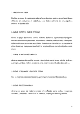 12 
3.2 PESADA INTERNA 
Engloba as peças de madeira serrada na forma de vigas, caibros, pranchas e tábuas utilizadas em estruturas de cobertura, onde tradicionalmente era empregada a madeira de peroba-rosa. 
3.3 LEVE EXTERNA E LEVE INTERNA 
Reúne as peças de madeira serrada na forma de tábuas e pontaletes empregados em usos temporários (andaimes, escoramento e fôrmas para concreto) e as ripas e caibros utilizadas em partes secundárias de estruturas de cobertura. A madeira de pinho-do-paraná (Araucariaangustifolia) foi a mais utilizada, durante décadas, neste grupo. 
3.4 LEVE INTERNA DECORATIVA 
Abrange as peças de madeira serrada e beneficiada, como forros, painéis, lambris e guarnições, onde a madeira apresenta cor e desenhos considerados decorativos. 
3.5 LEVE INTERNA DE UTILIDADE GERAL 
São os mesmos usos descritos acima, porém para madeiras não decorativas. 
3.6 LEVE, EM ESQUADRIAS 
Abrange as peças de madeira serrada e beneficiada, como portas, venezianas, caixilhos. A referência é a madeira de pinho-do-paraná (Araucariaangustifolia). 
 