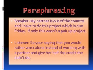    ParaphrasingSpeaker: My partner is out of the country and I have to do this project which is due Friday.  If only this wasn’t a pair up project.Listener: So your saying that you would rather work alone instead of working with a partner and give her half the credit she didn’t do. 