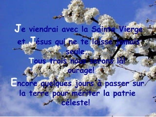E ncore quelques jours à passer sur la terre pour mériter la patrie céleste!  J e viendrai avec la Sainte Vierge et  J ésus qui ne te laisse jamais seule.  T ous trois nous serons là!  C ourage! 