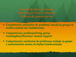 Travail de mise en réseau
            Working to form a network
             Trabajo de puesta en red

 Compétences: résolution de problème, travail en groupe et
  soutien mutuel des ludothécaires

 Competencies: problemsolving, group
  working&toylibrarians’ mutual support

 Competencias: resolucion de problemas, trabajo en grupo
  y sostenimiento mutuo de los/las ludotecarios/as
 