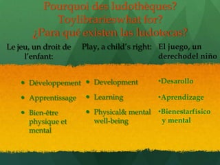 Pourquoi des ludothèques?
            Toylibrarieswhat for?
       ¿Para qué existen las ludotecas?
Le jeu, un droit de   Play, a child’s right: El juego, un
     l’enfant:                               derechodel niño


     Développement  Development           •Desarollo

     Apprentissage     Learning           •Aprendizage

     Bien-être         Physical& mental   •Bienestarfísico
      physique et        well-being          y mental
      mental
 