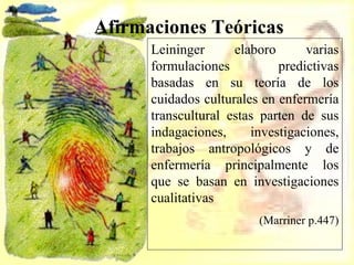 Leininger elaboro varias formulaciones predictivas basadas en su teoría de los cuidados culturales en enfermería transcultural estas parten de sus indagaciones, investigaciones, trabajos antropológicos y de enfermería principalmente los que se basan en investigaciones cualitativas (Marriner p.447) Afirmaciones Teóricas 