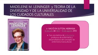MADELEINE M. LEININGER y TEORIA DE LA
DIVERSIDAD Y DE LA UNIVERSALIDAD DE
LOS CUIDADOS CULTURALES
 NACIÓ EN SUTTON, NEBRASKA
13 de julio de 1925 - 10 de agosto 2012
 fue una teórica de enfermería,
profesora de enfermería y
desarrolladora del concepto de
enfermería transcultural.
 