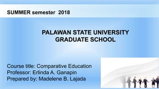 SUMMER semester 2018
PALAWAN STATE UNIVERSITY
GRADUATE SCHOOL
Course title: Comparative Education
Professor: Erlinda A. Ganapin
Prepared by: Madelene B. Lajada
 