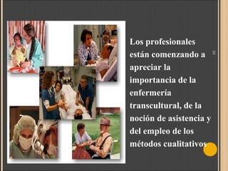 26

Los profesionales
están comenzando a
apreciar la
importancia de la
enfermería
transcultural, de la
noción de asistencia y
del empleo de los
métodos cualitativos

 