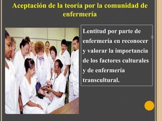 Aceptación de la teoría por la comunidad de
enfermería
Lentitud por parte de
y valorar la importancia

de los factores culturales
y de enfermería
transcultural.

25

enfermería en reconocer

 