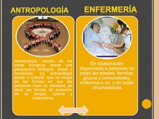 Antropología, estudio de los
seres humanos desde una
perspectiva biológica, social y
humanista. La antropología
social o cultural, que se ocupa
de las formas en que las
personas viven en sociedad, es
decir, las formas de evolución
de su lengua, cultura y
costumbres.

En colaboración
dispensada a personas de
todas las edades, familias,
grupos y comunidades,
enfermos o no, y en todas
circunstancias

7

 