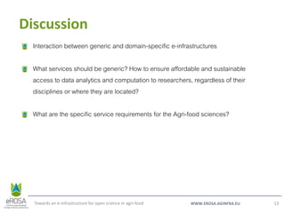 WWW.EROSA.AGINFRA.EU
Discussion
Towards an e-infrastructure for open science in agri-food 13
Interaction between generic and domain-specific e-infrastructures
What services should be generic? How to ensure affordable and sustainable
access to data analytics and computation to researchers, regardless of their
disciplines or where they are located?
What are the specific service requirements for the Agri-food sciences?
 