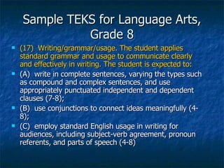 Sample TEKS for Language Arts, Grade 8 (17)  Writing/grammar/usage. The student applies standard grammar and usage to communicate clearly and effectively in writing. The student is expected to: (A)  write in complete sentences, varying the types such as compound and complex sentences, and use appropriately punctuated independent and dependent clauses (7-8); (B)  use conjunctions to connect ideas meaningfully (4-8); (C)  employ standard English usage in writing for audiences, including subject-verb agreement, pronoun referents, and parts of speech (4-8) 