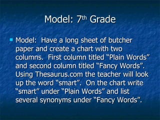Model: 7 th  Grade Model:  Have a long sheet of butcher paper and create a chart with two columns.  First column titled “Plain Words” and second column titled “Fancy Words”.  Using Thesaurus.com the teacher will look up the word “smart”.  On the chart write “smart” under “Plain Words” and list several synonyms under “Fancy Words”. 