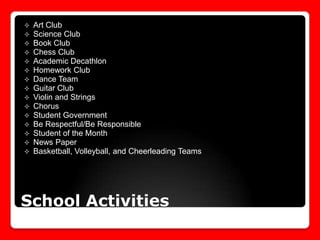 















Art Club
Science Club
Book Club
Chess Club
Academic Decathlon
Homework Club
Dance Team
Guitar Club
Violin and Strings
Chorus
Student Government
Be Respectful/Be Responsible
Student of the Month
News Paper
Basketball, Volleyball, and Cheerleading Teams

School Activities

 
