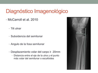Diagnóstico Imagenológico
• McCarroll et al. 2010
• Tilt ulnar
• Subsidencia del semilunar
• Angulo de la fosa semilunar
• Desplazamiento volar del carpo ≥ 20mm
• Distancia entre el eje de la ulna y el punto
más volar del semilunar o escafoides
 