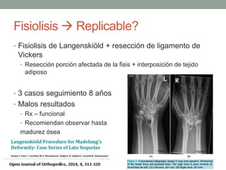 Fisiolisis  Replicable?
• Fisiolisis de Langenskiöld + resección de ligamento de
Vickers
• Resección porción afectada de la fisis + interposición de tejido
adiposo
• 3 casos seguimiento 8 años
• Malos resultados
• Rx – funcional
• Recomiendan observar hasta
madurez ósea
 