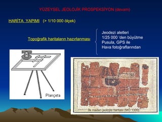 YÜZEYSEL JEOLOJİK PROSPEKSİYON (devam) HARİTA  YAPIMI   (> 1/10 000 ölçek)   Topoğrafik haritaların hazırlanması Jeodezi aletleri 1/25 000 ‘den büyütme Pusula, GPS ile Hava fotoğraflarından İlk maden jeolojisi haritası (MÖ 1300) 